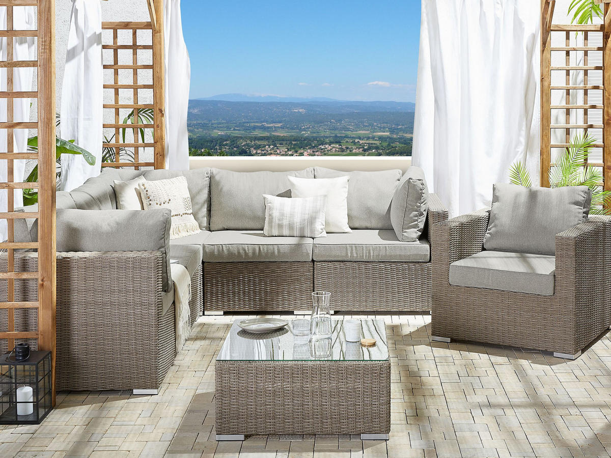 LOUNGE SET 6-Sitzer taupe linksseitig modular Auflagen hellgrau Contare - Taupe, Kunststoff - Beliani