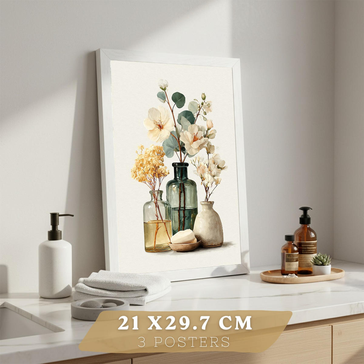 PLAKÁT Sada 3 dekorativních koupelnových tisků, přírodní lázeňský styl Bílý rám A4 - bílá, papír (29.7/21/3cm) - Nacnic