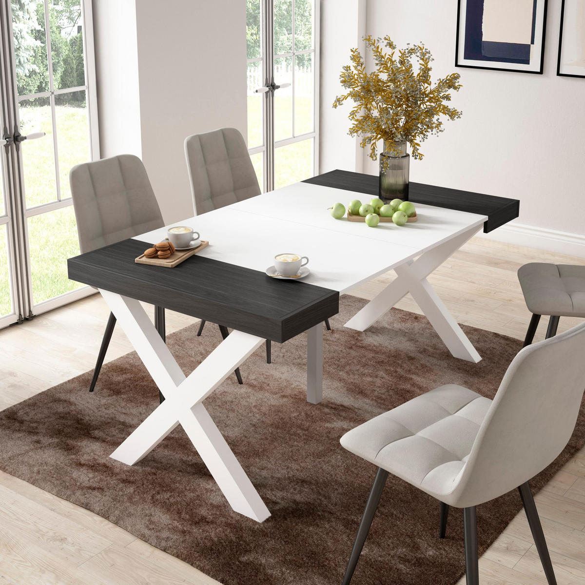 KONSOLENTISCH ausziehbar 58 bis 160cm, für 8 Gäste, weiß schwarz, 90/58/73cm - Schwarz/Weiß, Holzwerkstoff (90/160/73cm) - Skraut Home