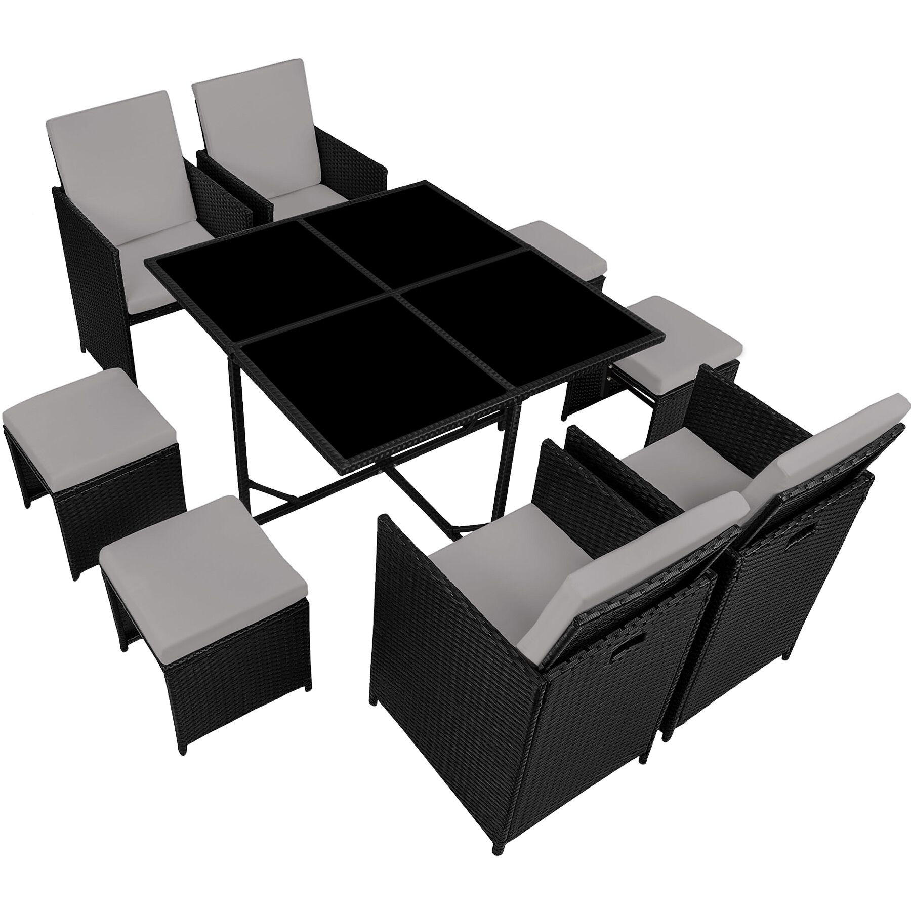 RATTAN SITZGRUPPE Bilbao, zusammenschiebbar, inklusive Schutzhülle, schwarz/grau - Schwarz/Grau, Kunststoff - tectake