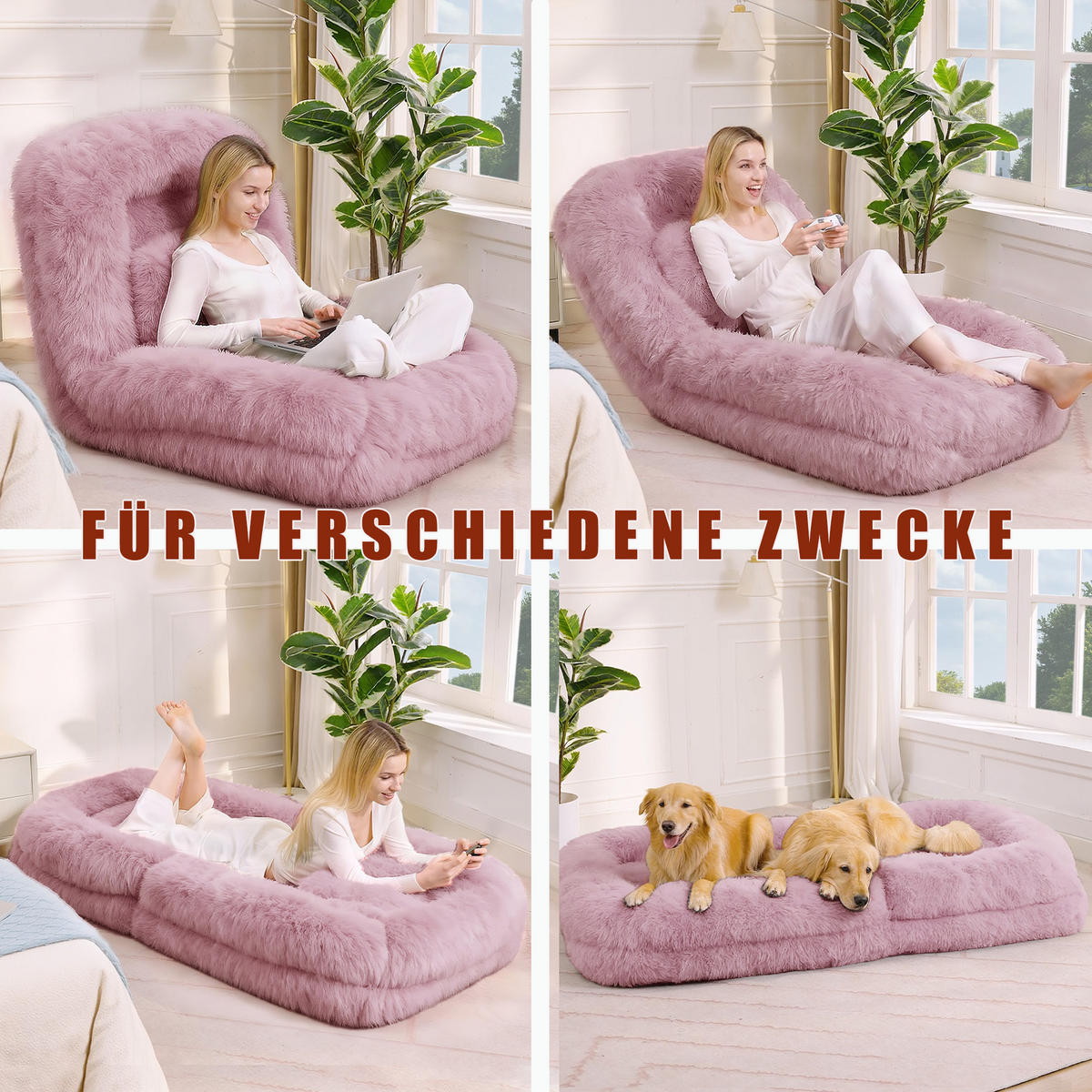 SITZSACK Plüsch Pink mit Verstellfunktion und mit Kissen - Rosa, Holzwerkstoff/Textil (89/42/175cm) - WISHDOR