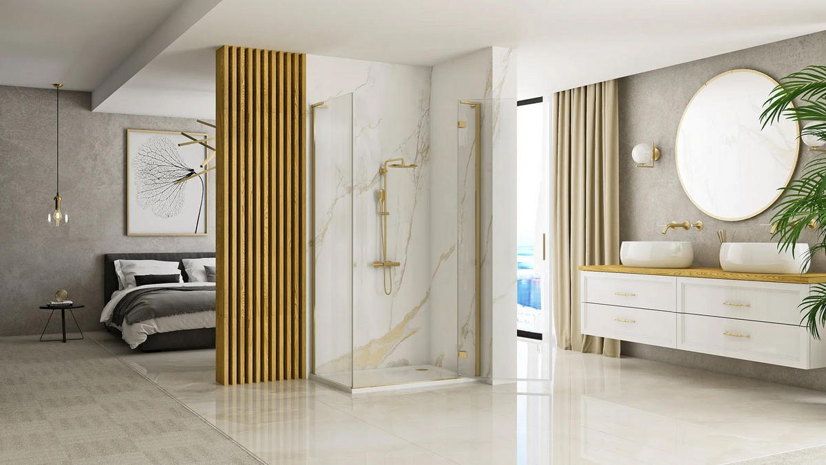 DUSCHKABINE Rea Hugo 100x80 Gold Brush - Goldfarben, Glas (100/80/200.5cm) - REA