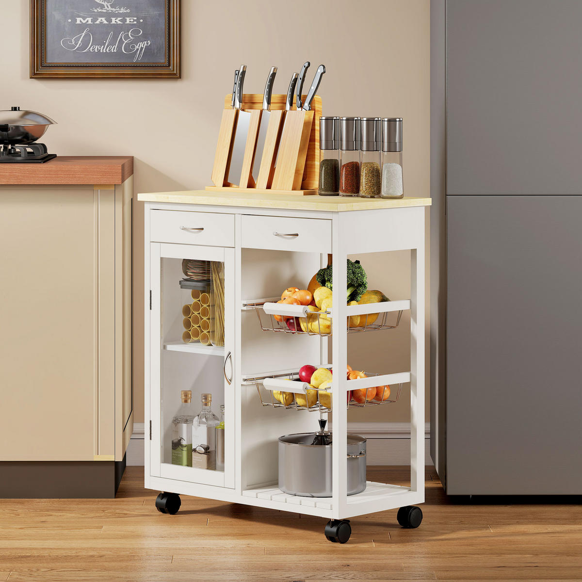 KÜCHENWAGEN DE-17136 mit Bambusplatte & Vitrinentür Weiß - Weiß, Holzwerkstoff (35/80/67cm) - ComfortXL