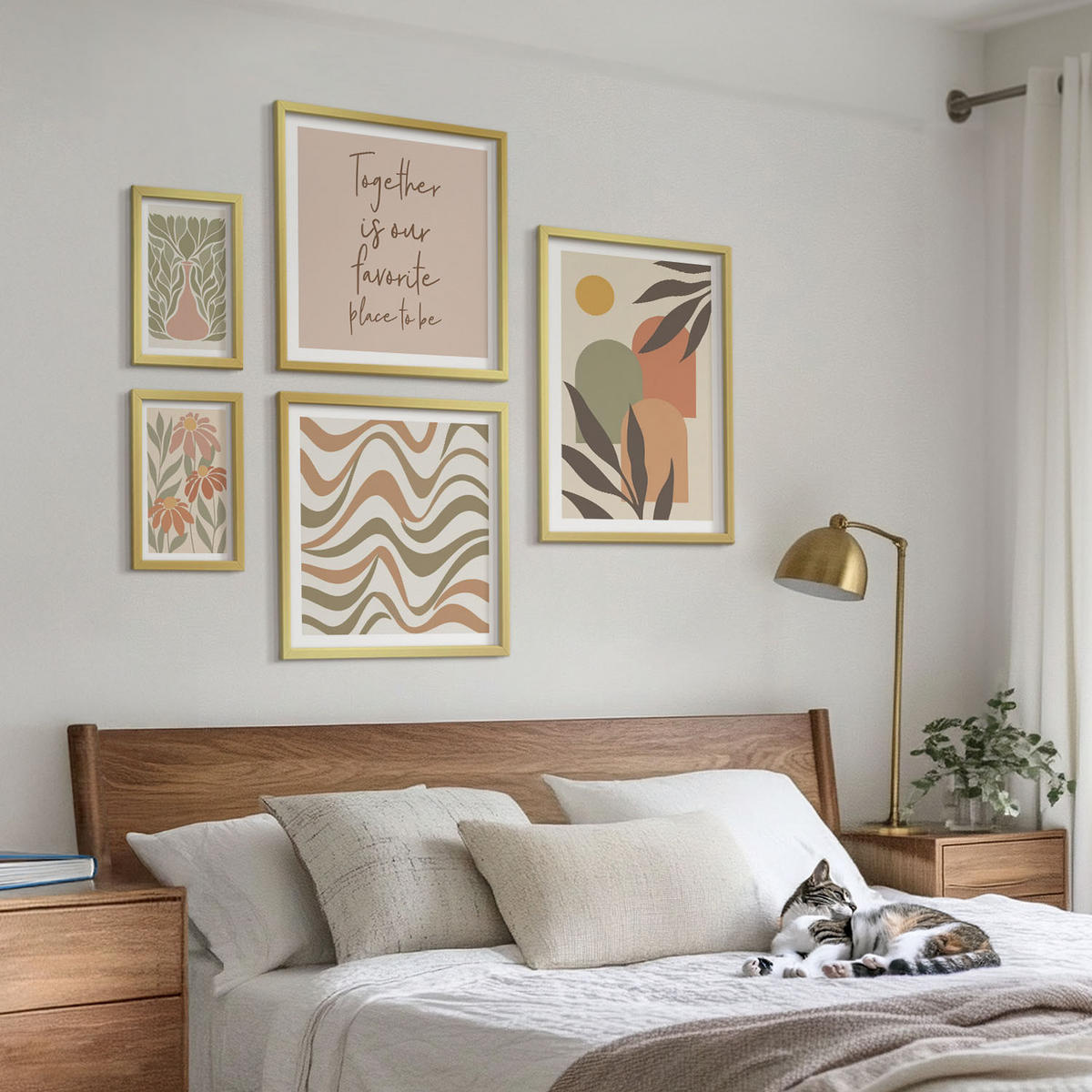 BILDER SET 5er Set - 50x50 cm & 20x30 cm & 40x60 cm Goldrahmen - Abstrakte Pastellblumen - Goldfarben, Kunststoff (40/60cm) - TULUP