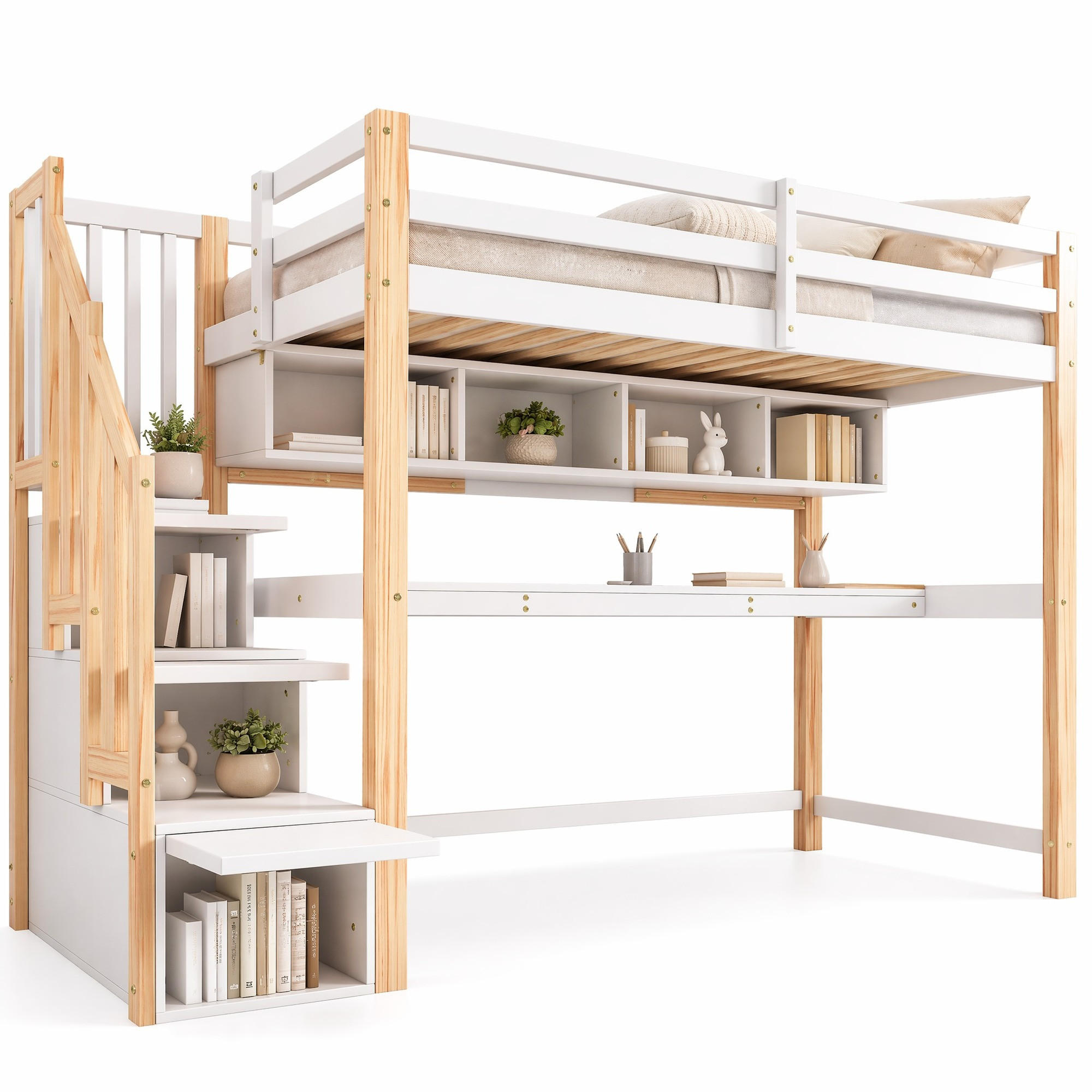 HOCHBETT 90/200 mit Schreibtisch, Stauraumtreppe und Regalen in Natur und Weiß - Naturfarben, Holz (90/200cm) - EVRYAE