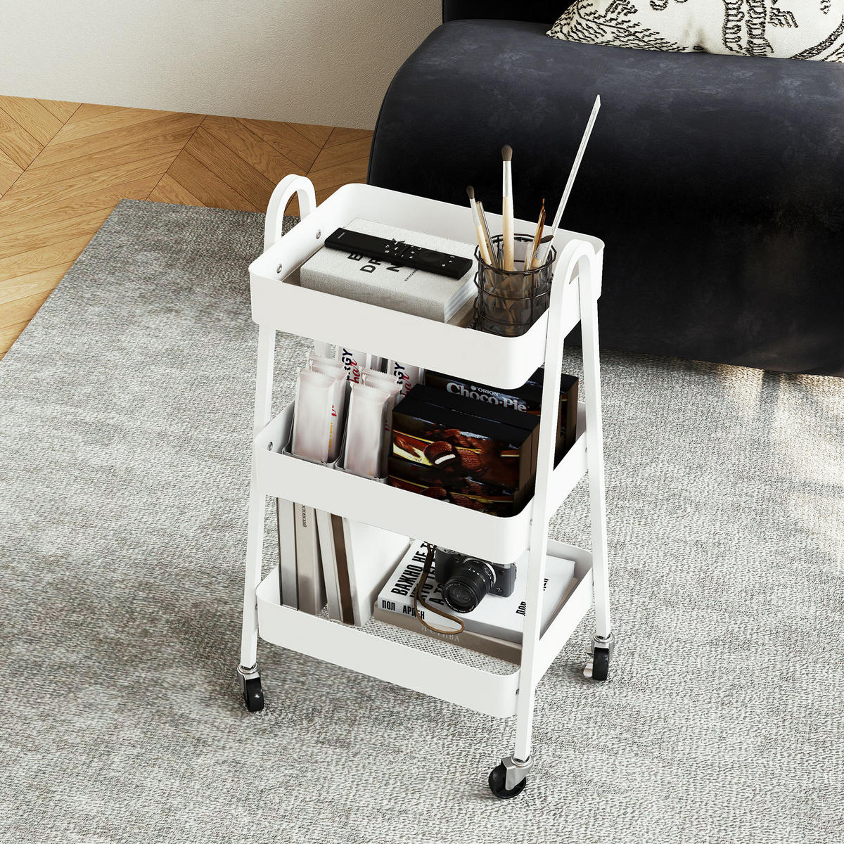 SERVIERWAGEN mit 3 Ebenen Küchenwagen mit Rollen Griff, Weiß - Weiß, Metall (42.4/74.5/29.8cm) - HOMCOM