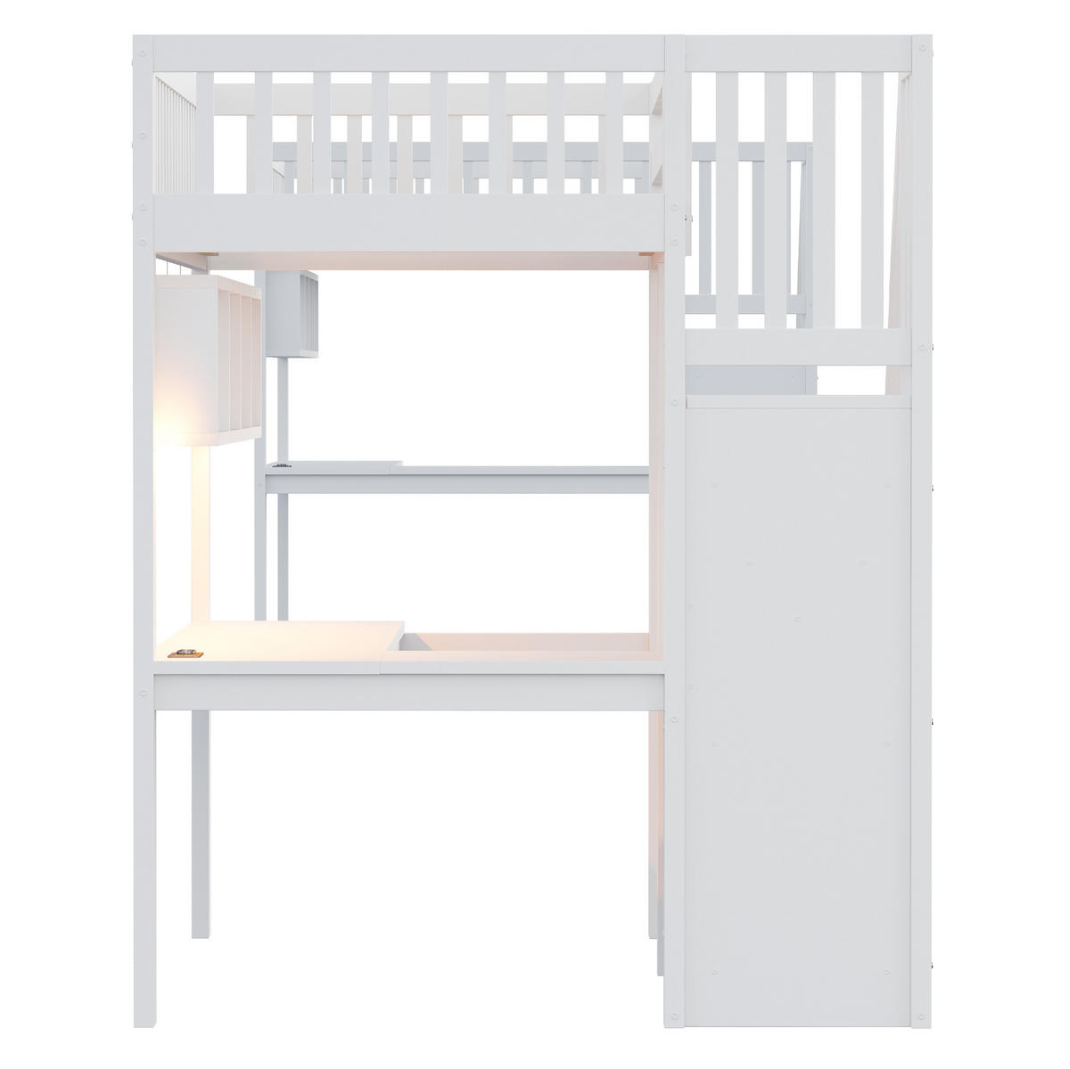 HOCHBETT 90/200 cm mit Schreibtisch, LED, Steckdosen und Aufbewahrungstreppe, Weiß - Weiß, Holzwerkstoff (90/200cm) - Redom