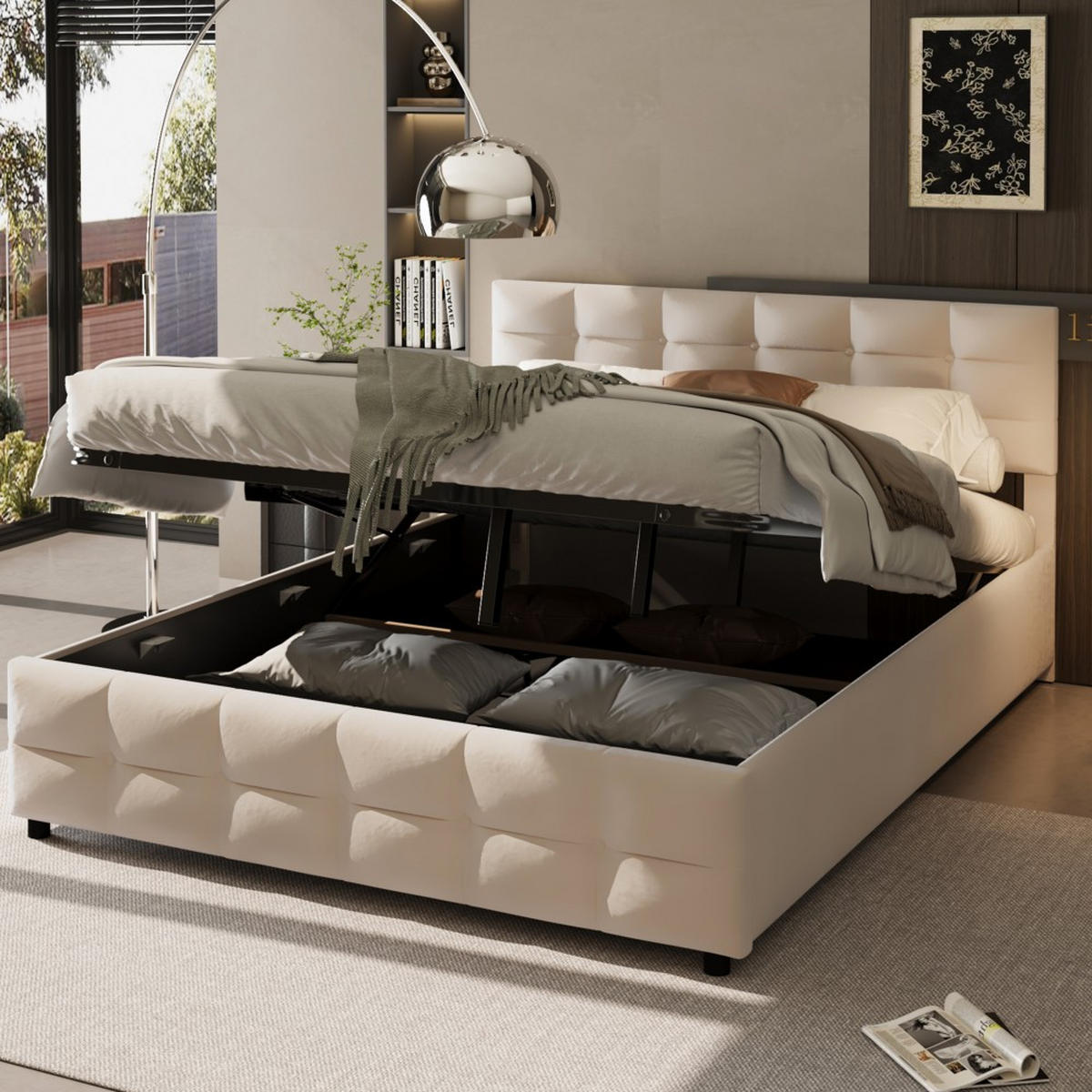 POLSTERBETT 180x200cm in Beige Samtstoff - Beige, Holz/Textil (180/200cm) - KOMHTOM