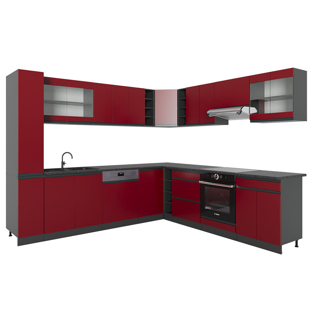 ECKKÜCHE R-Line Rot 257 x 60 cm J-Shape, ohne Arbeitsplatte - Anthrazit/Rot, Holzwerkstoff (257/81.6/46cm) - Vicco