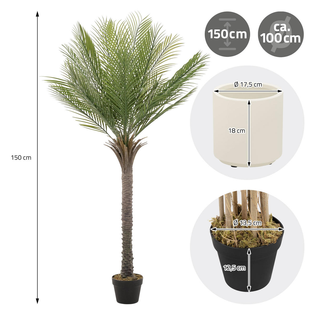 KUNSTPFLANZE Palme - Anthrazit/Grün, Holz/Kunststoff (150cm) - ML-DESIGN