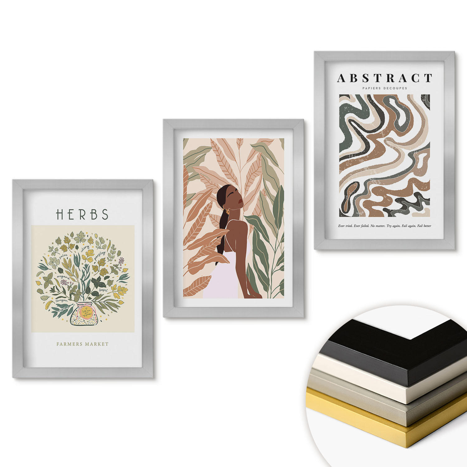WANDBILDER 3er Set - 20x30 cm Silberner Rahmen - Boho-Pastell-Minimalisten-Poster - Silberfarben, Kunststoff (20/30cm) - ArtPrintCave