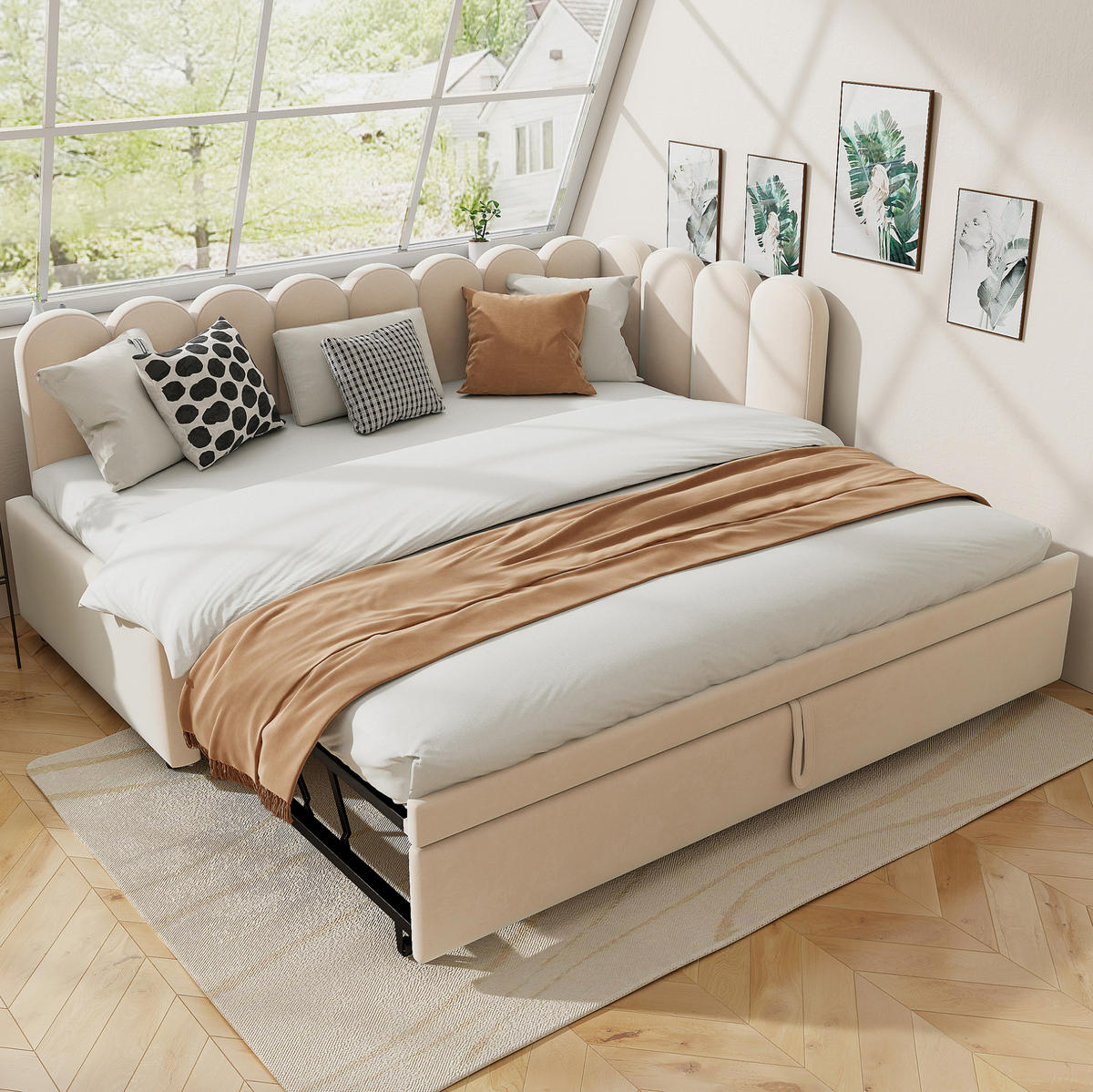 ROZKLADACIA posteľ 90/200 cm béžová v tvare L s výsuvným lôžkom zo zamatu - béžová, textil (90/200cm) - OKWISH