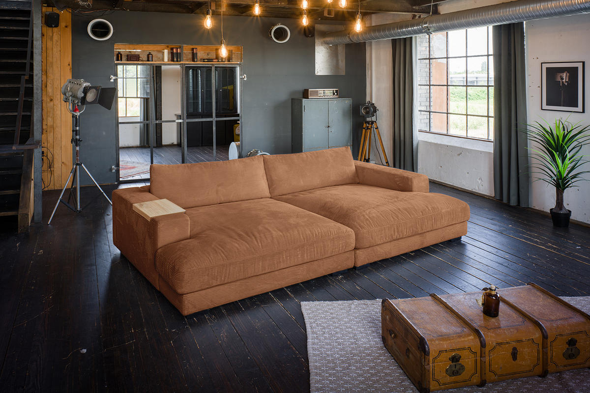 BIG SOFA XL MIT TABLETT NATUR MADELINE Braun Cord - Dunkelbraun/Schwarz, Kunststoff/Textil (290/85/190cm) - KAWOLA