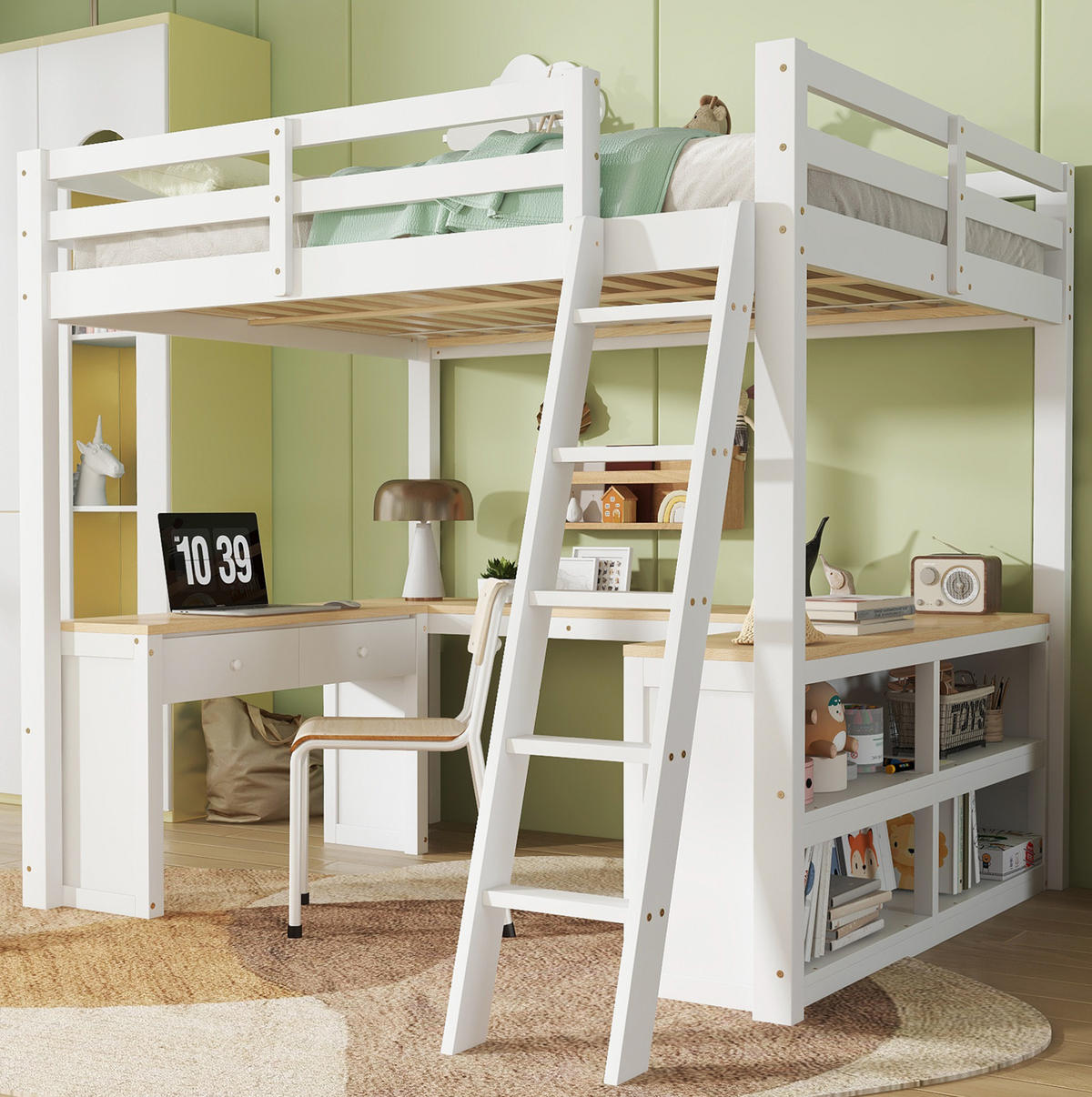 HOCHBETT 140/200 cm mit U-förmigem Schreibtisch, 2 Schubladen, Regal und Schrägleiter, Kiefer/MDF, Weiß/Natur - Weiß, Holzwerkstoff (140/200cm) - Redom