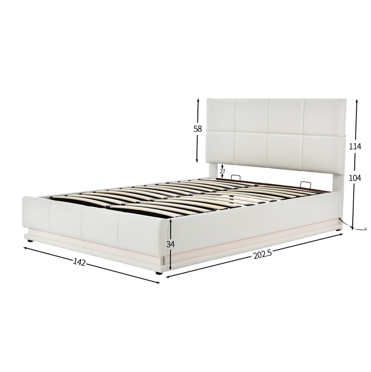 POLSTERBETT 140/200 cm mit LED-Beleuchtung, hydraulischem Bettkasten und Lattenrost, Kunstleder, Weiß - Weiß, Textil (140/200cm) - Redom