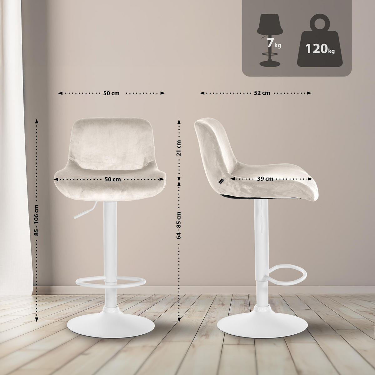 BARHOCKER 2er Set Salomon Weiß Samt creme - Naturfarben/Weiß, Textil/Metall (50/106/52cm) - TPFLiving