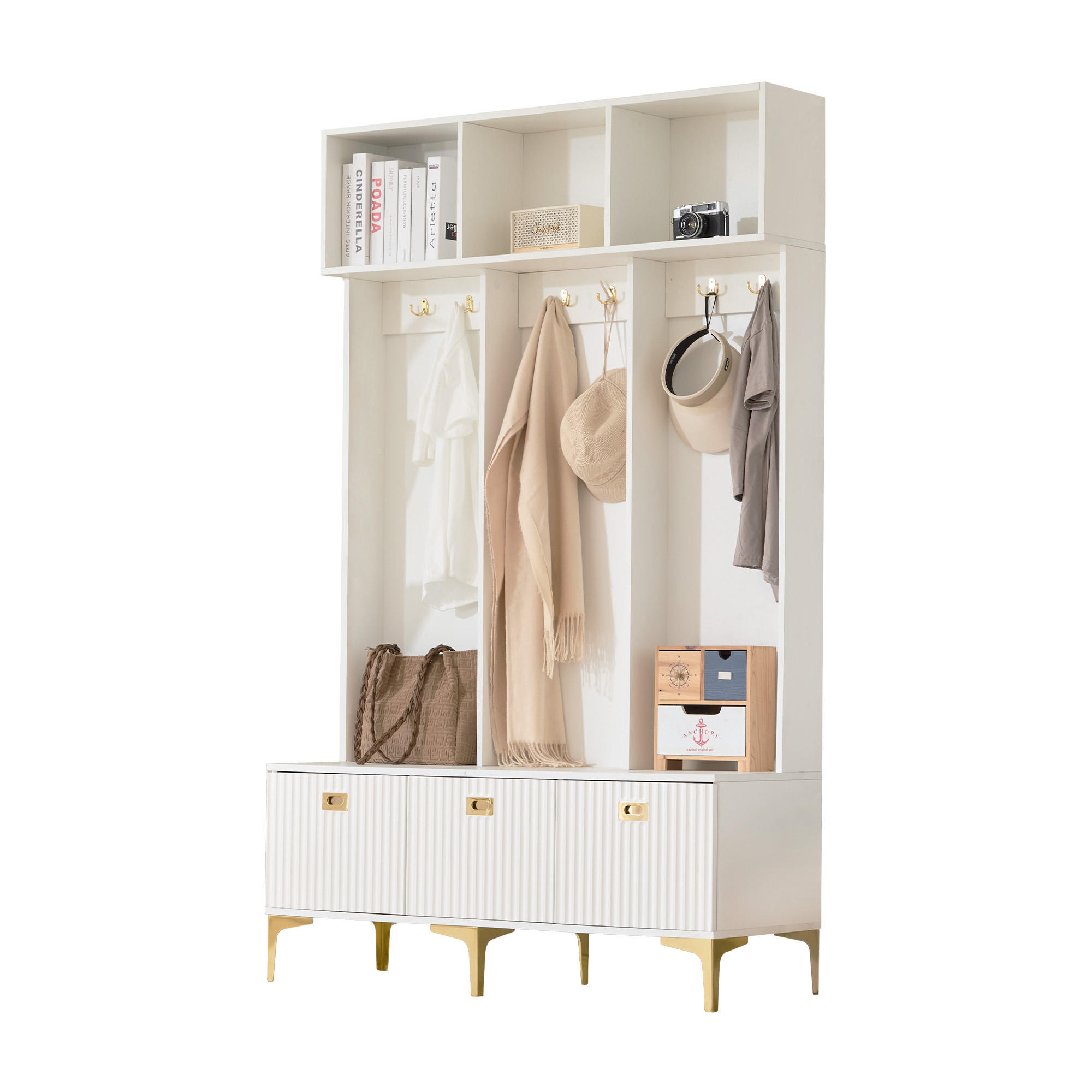 GARDEROBE-SET in Weiß Highboard mit Bank offene Aufbewahrung 6 goldene Haken multifunktional , B120/T40/H191.5cm - Goldfarben/Weiß, Holzwerkstoff/Metall (120/191/40cm) - STILVORA