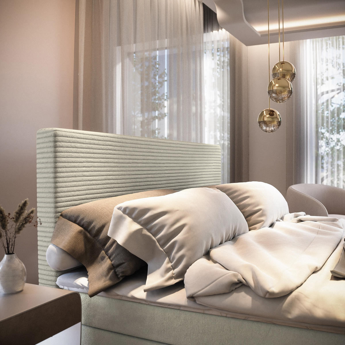 BOXBETT GIARRO 180x200 cm mit Matratze und Topper - Creme - Creme, Holz (180/200cm) - MASSENO