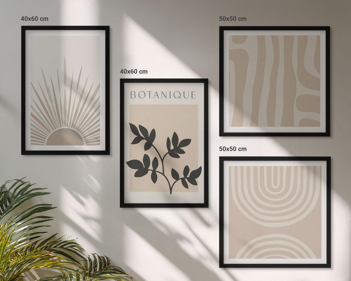 BILDER SET 4er Set - 50x50 cm & 40x60 cm Schwarzer Rahmen - Abstrakte Pflanzenmuster - Schwarz, Kunststoff (50/50cm) - TULUP