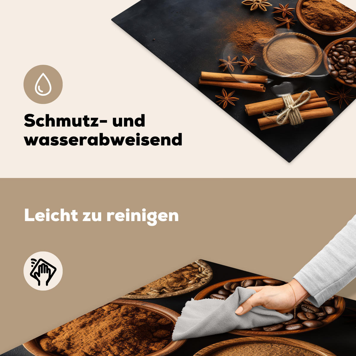 HERDABDECKPLATTE Zimt - Beton - Kaffee - Zimtstangen - Gewürze 75x52 cm - Mokka, Kunststoff (75/0.2/52cm) - MuchoWow