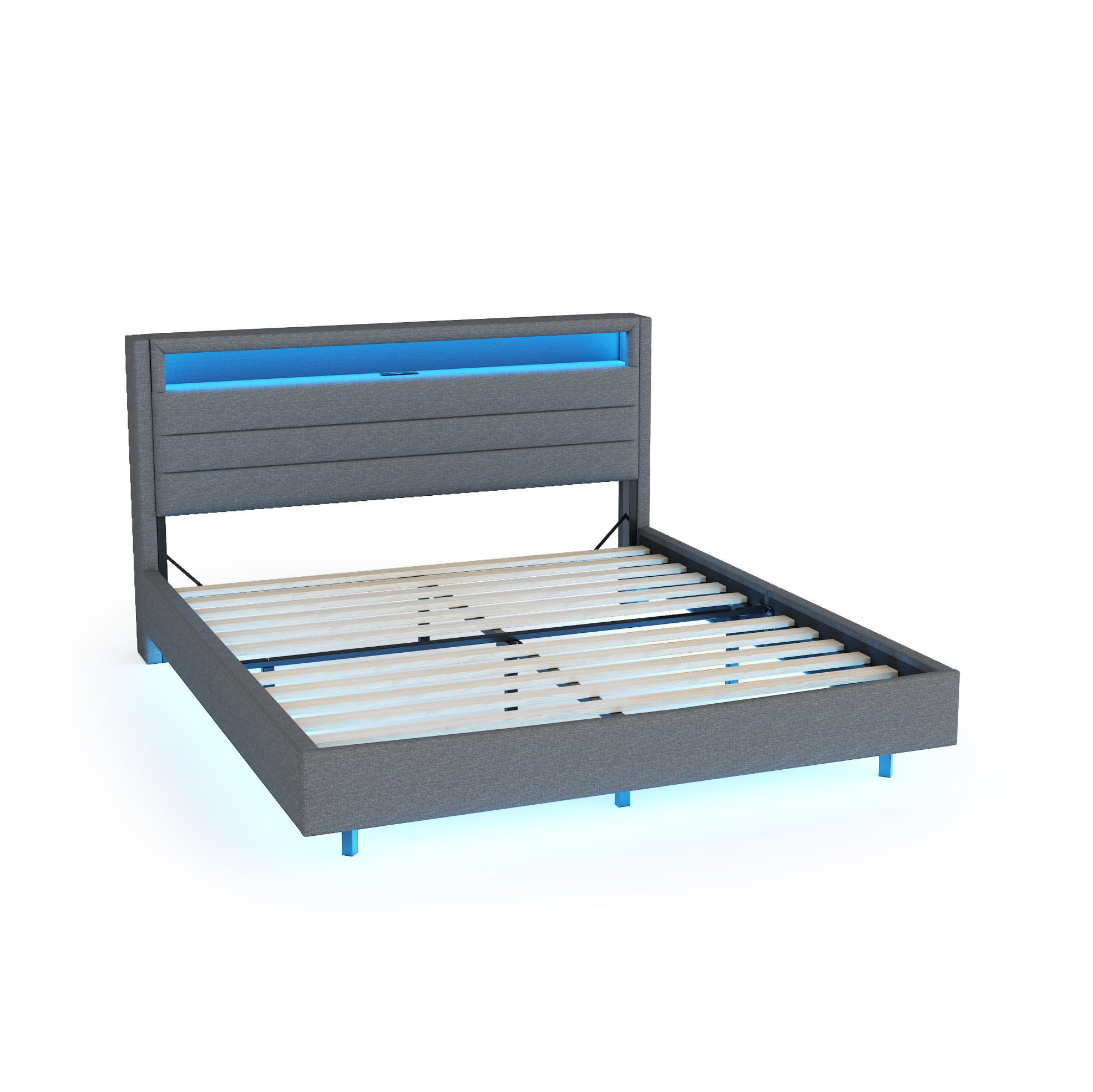 POLSTERBETT 160/200 cm mit LED-Beleuchtung, USB-Anschluss und gepolstertem Kopfteil - Grau, Textil (160/200cm) - BEAOK