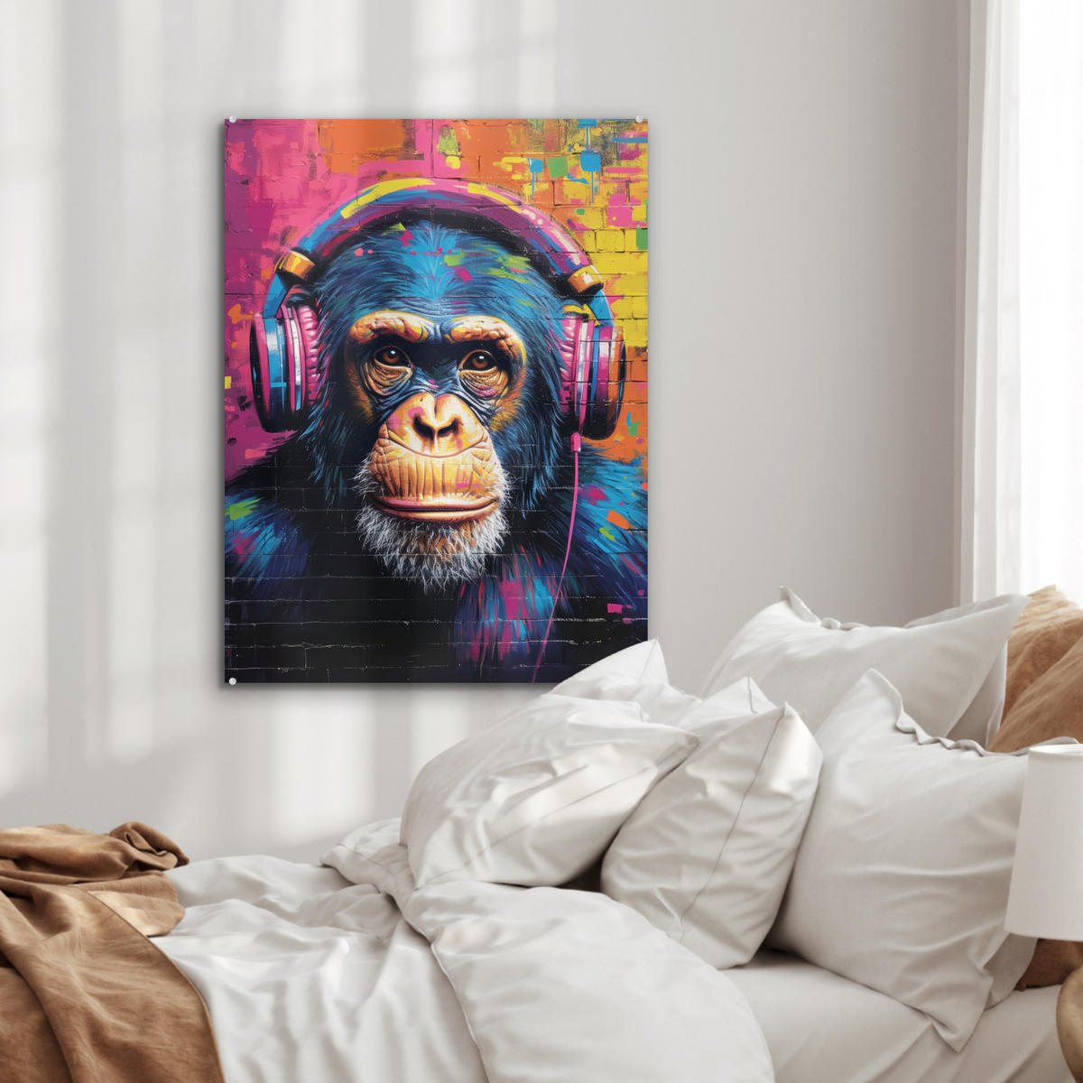 ACRYLGLASBILD Graffiti - Schimpanse - Straßenkunst - Kopfhörer - Affe 60x80 cm - Blau, Glas (60/80cm) - MuchoWow