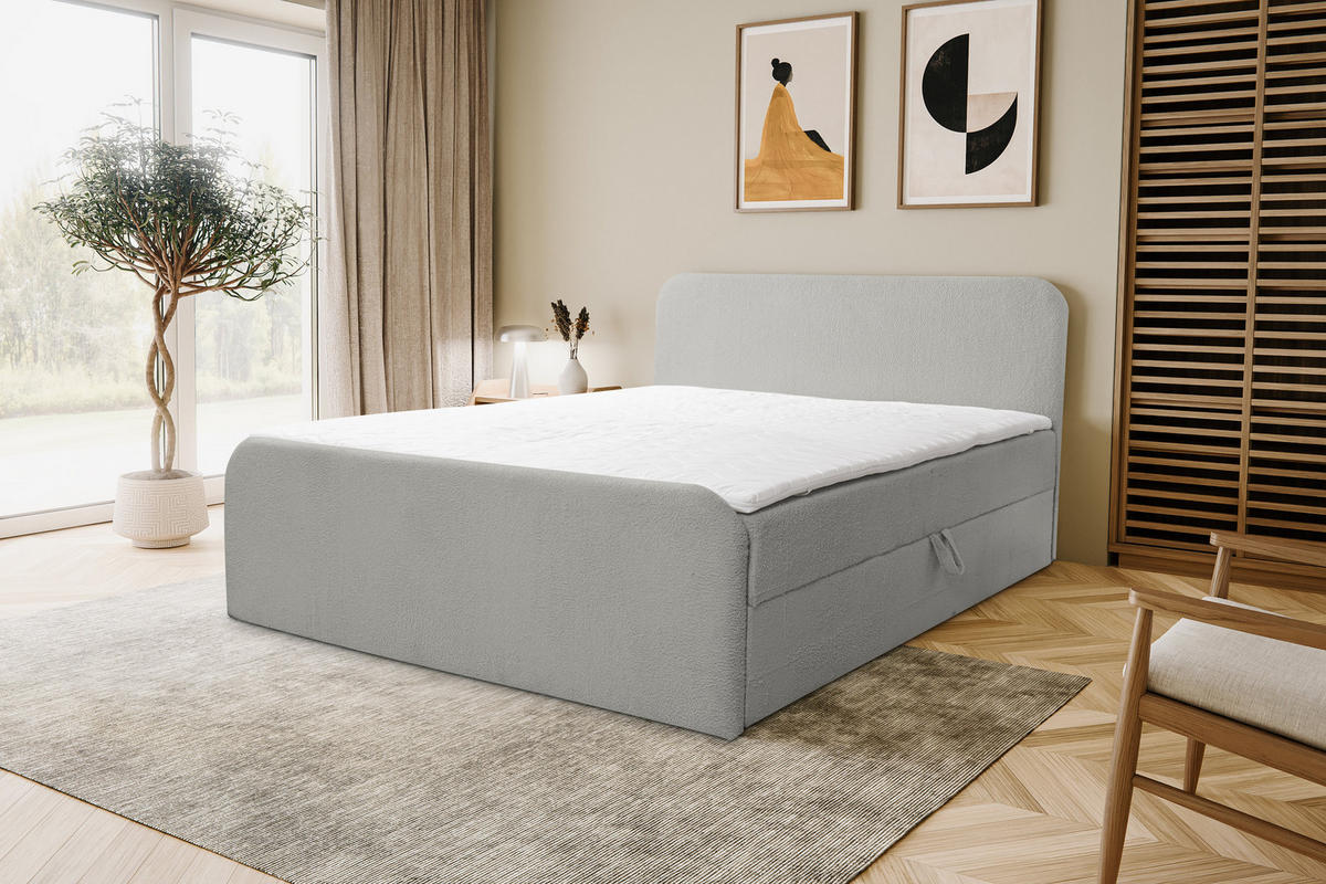 BOXBETT LAMBI mit 2 Bettkästen, 140x200, Farbe: Grau, Bouclé-Stoff, mit Bonell-Matratze inkl. Topper - Grau, Holz/Kunststoff (140/200cm) - VENASI MÖBEL