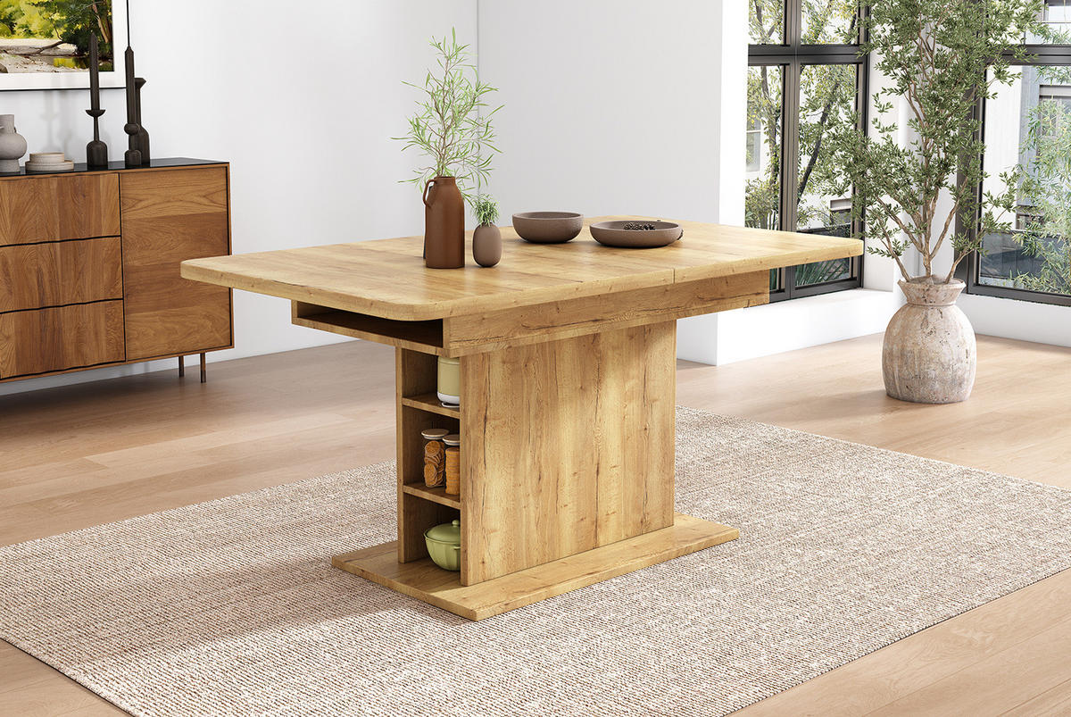ESSTISCH 130/70/75 cm natur aus Spanplatte mit ausziehbarer Tischplatte und Stauraum - Naturfarben, Holzwerkstoff (130/70/75cm) - OKWISH