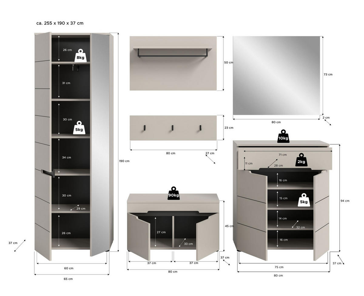 GARDEROBE Nova 5-tlg. (B/H/T: ca. 255/190/37 cm) in Basalt grau/weiß - Kaschmir, Holzwerkstoff (255/190/37cm) - Homes & Jones
