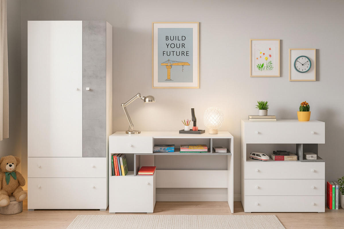 JUGENDZIMMER-SET SIMON B 3-teilig in Weiß/Grau - Weiß/Grau, Holzwerkstoff (290/190/55cm) - Deine Möbel 24