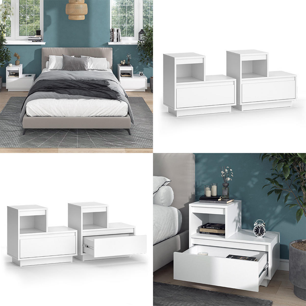 NACHTTISCH Tina Weiß 59.4 x 53.2 cm 2er Set - Weiß, Holzwerkstoff (59.4/53.2/32.1cm) - Vicco