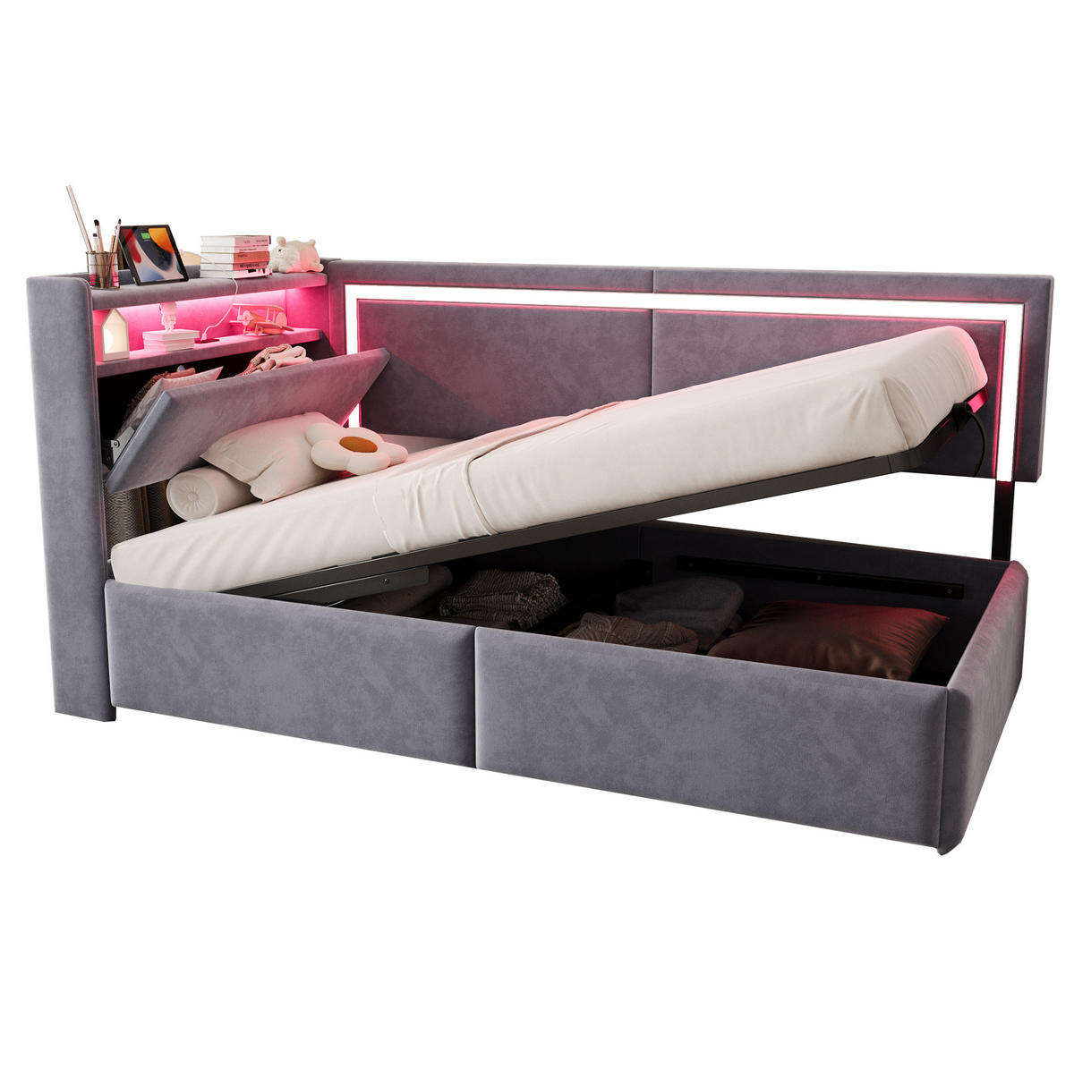 POLSTERBETT aus Samt 90x200 cm Hellgrau mit LED-Beleuchtung, USB-Anschluss und hydraulischem Bettkasten - Hellgrau, Textil (90/200cm) - Modfu