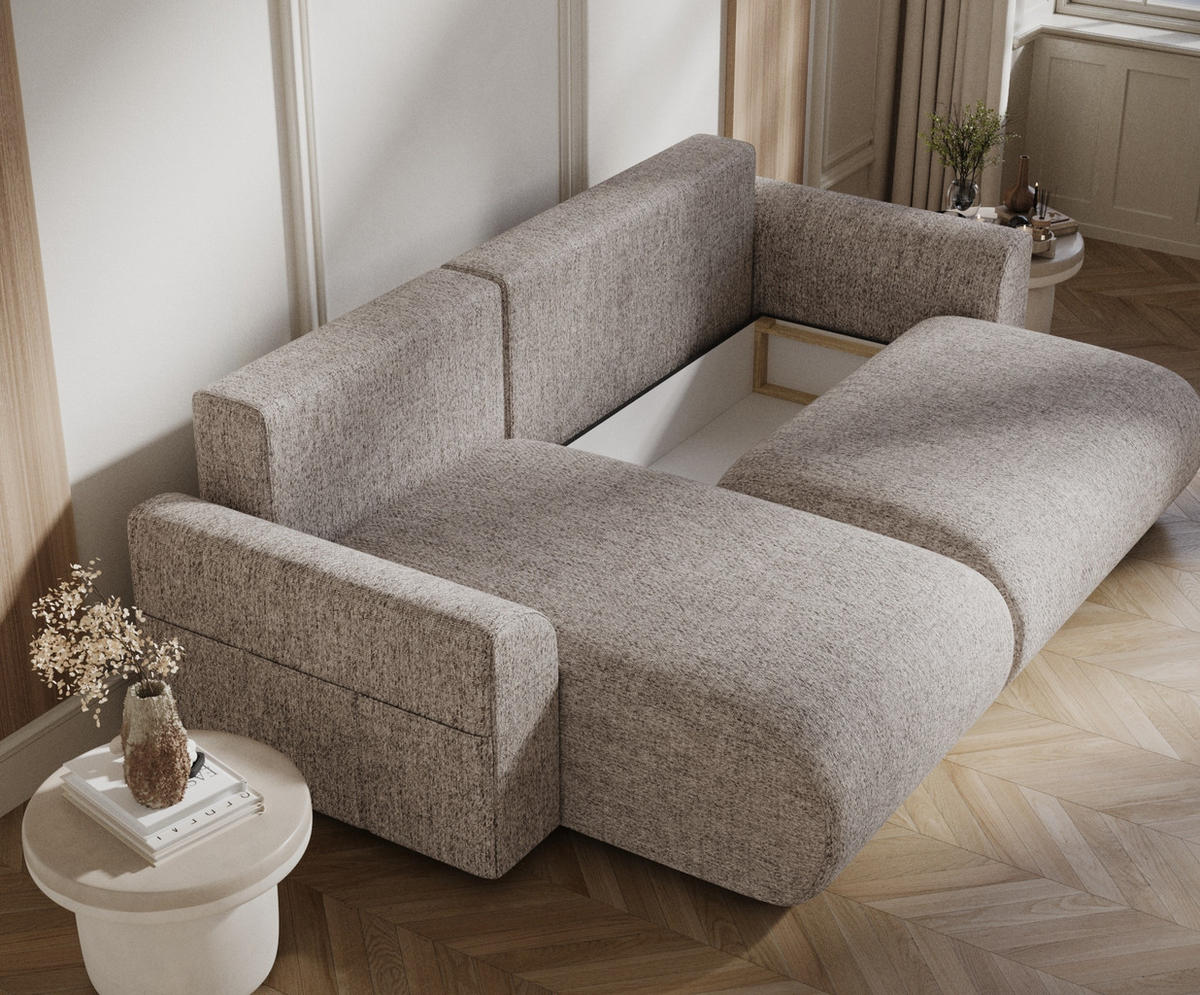 ECKSOFA MIT SCHLAFFUNKTION Bodega Hellbraun Webstoff - Hellbraun/Schwarz, Holz/Holzwerkstoff (235/138cm) - Maison de Reve
