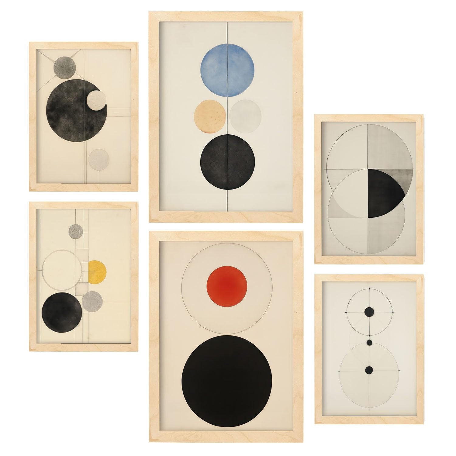 POSTER Set Mit 6 Charmante Kreise In Vielseitiger A3 & A4 Rahmen Aus Hellem Holz - Beige, Papier (29/3cm) - Nacnic