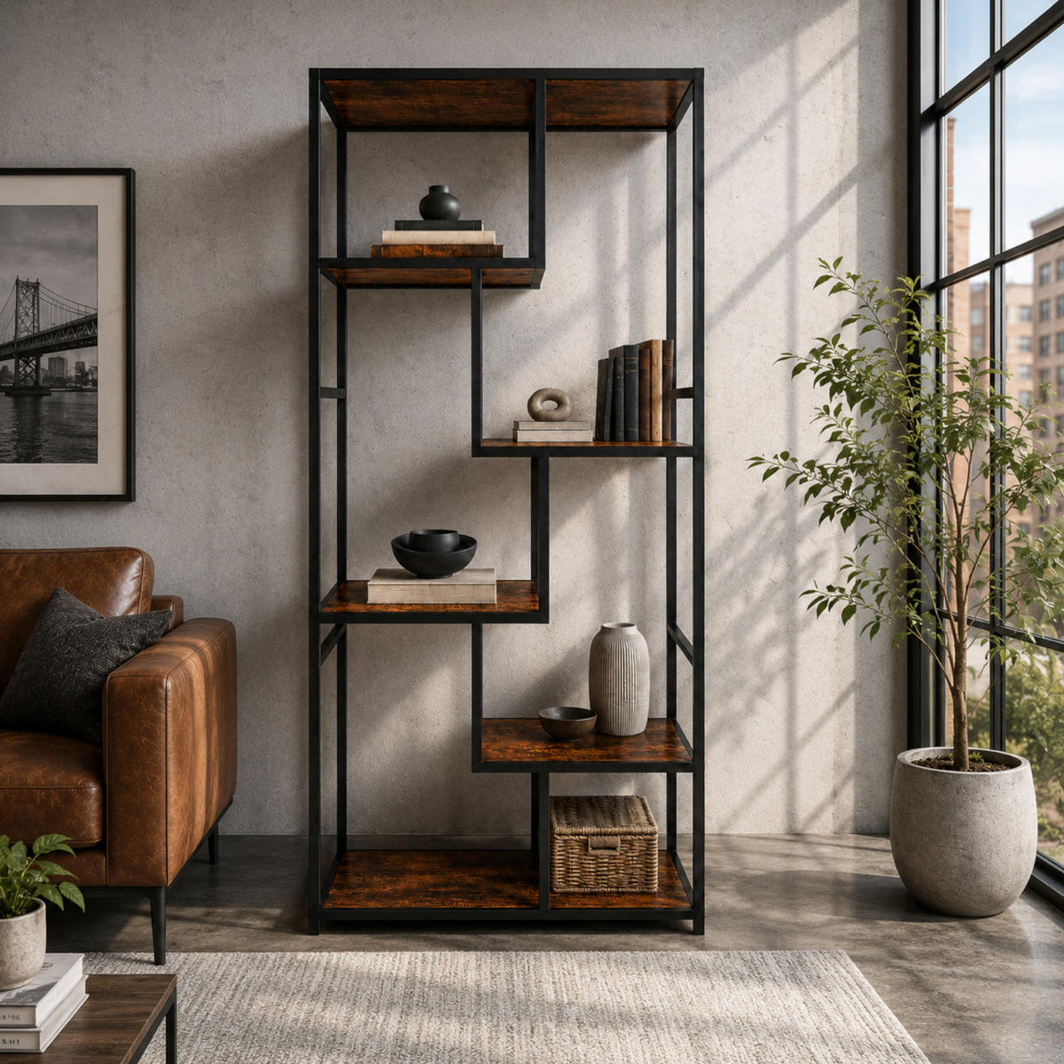 REGAL Holzoptik Metall Dunkelbraun Schwarz asymmetrisch 75x30x155 cm - Dunkelbraun/Schwarz, Holzwerkstoff/Metall (75/155/30cm) - Begryf