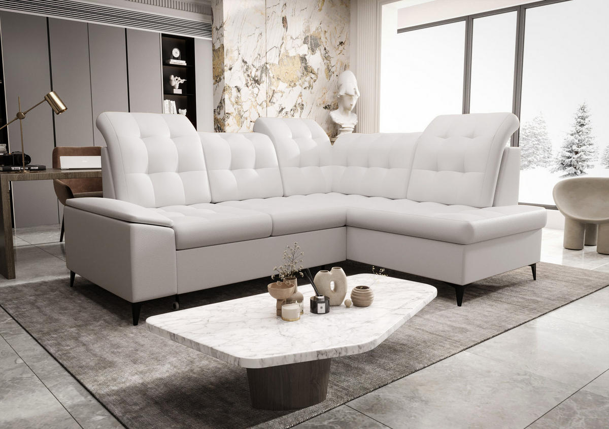 ECKSOFA KONGO RBN16, Eckcouch in L-Form mit Schlaffunktion, Farbe: Weiß, Kunstleder, Ottomane Rechts - Weiß, Textil (268/210cm) - O-Sofa