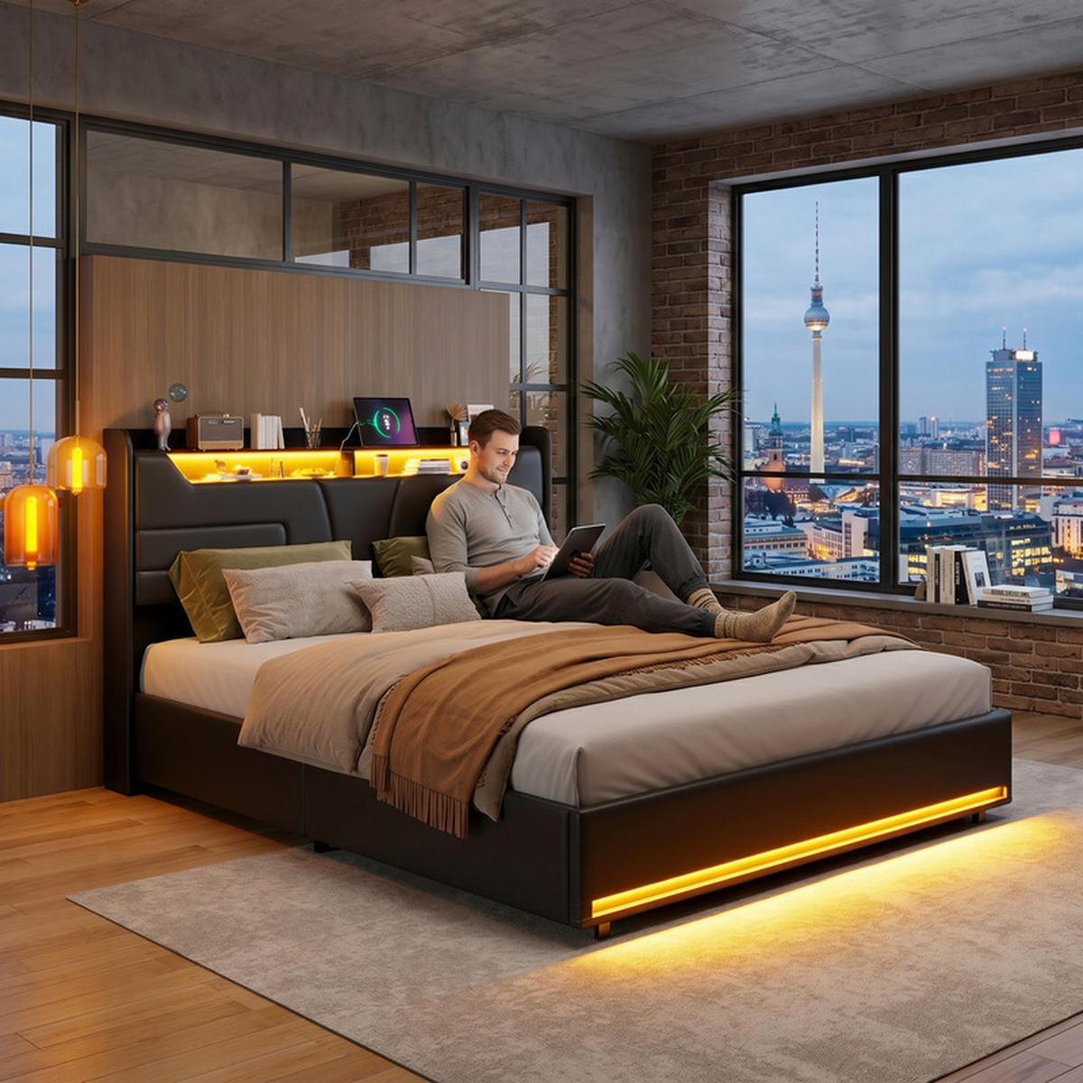 POLSTERBETT 140/190 cm schwarz mit Stauraum, LED und USB - Schwarz, Holz