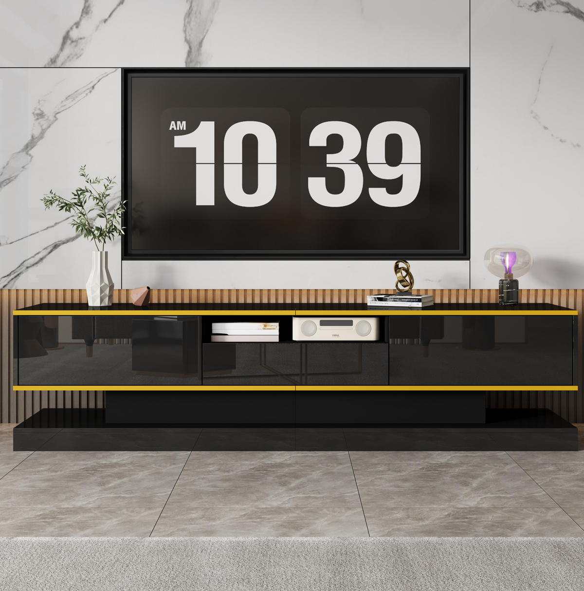 TV omarica 180/38/45 cm s 3 predali, odprtim predelkom, LED osvetlitvijo in visokim sijajem, Črna in zlata - črna, leseni material (180/45/38cm) - Redom