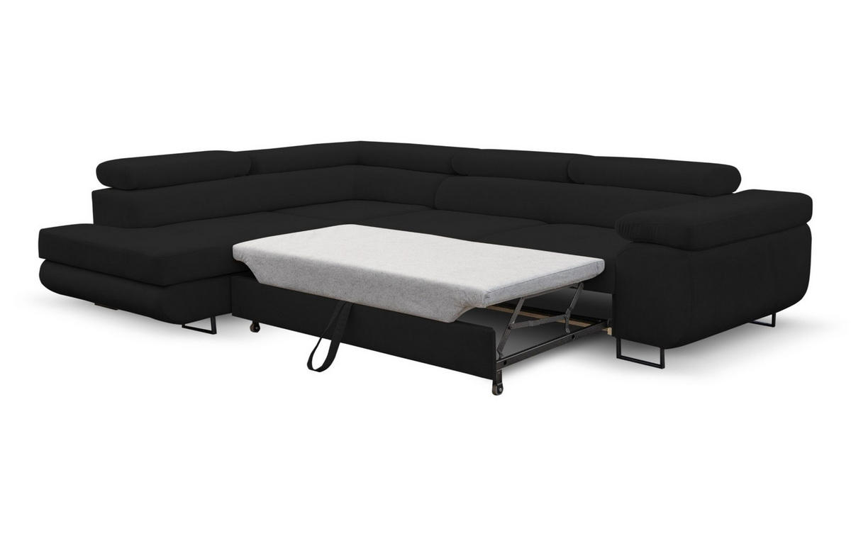 ECKSOFA Jerry in L-Form mit Schlaffunktion und Bettkasten, Farbe: Schwarz, Veloursstoff, Ottomane Links - Schwarz, Textil (202/275cm) - VENASI MÖBEL