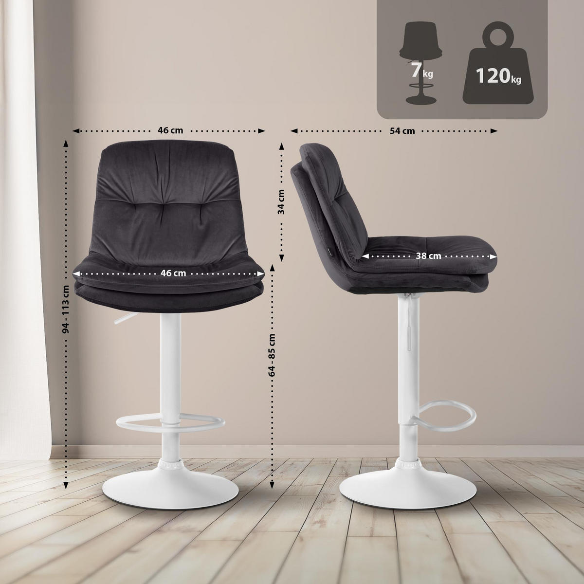 BARHOCKER Samt schwarz - Schwarz, Textil (46/94/54cm) - CLP