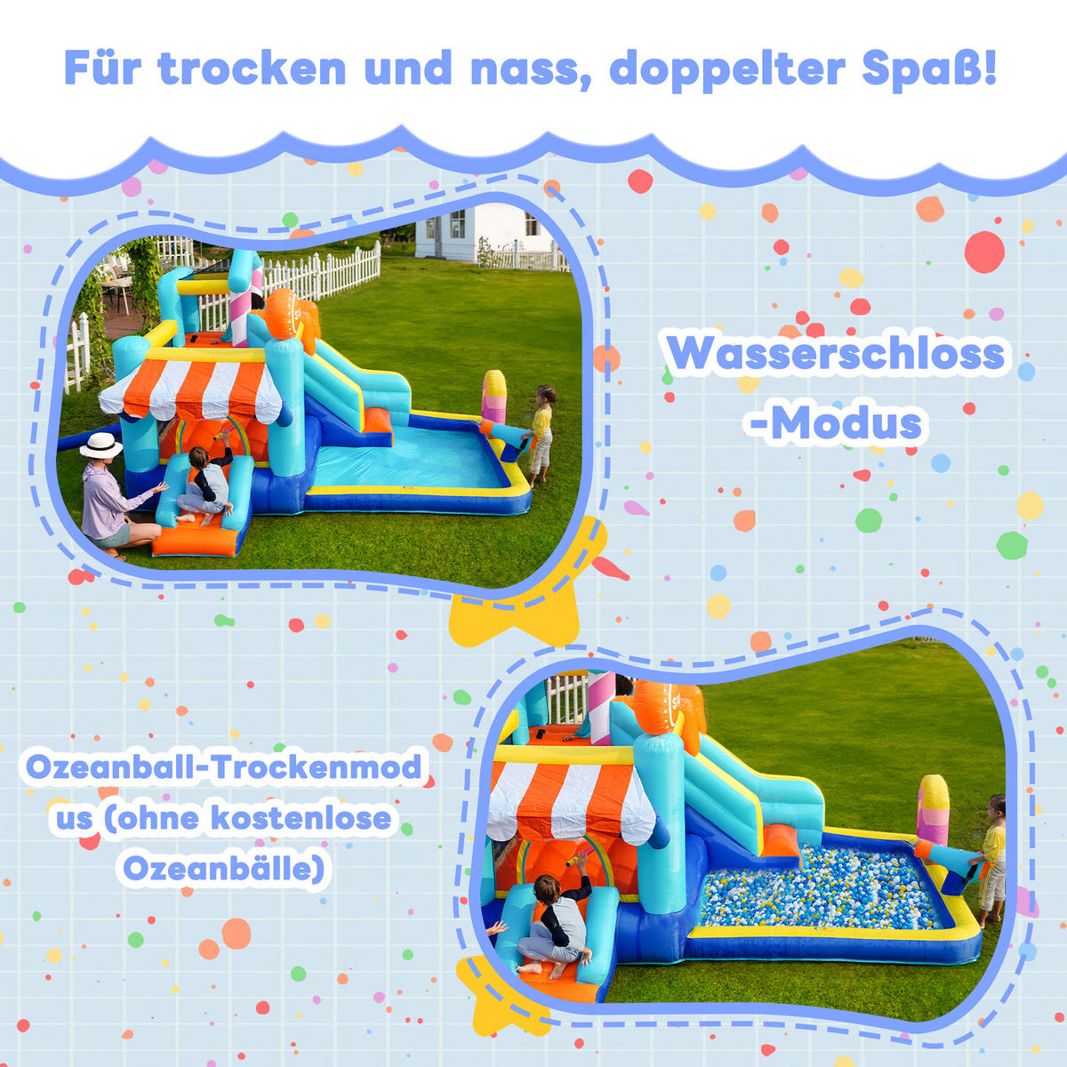 HÜPFBURG Wasserpark Trampolin 450W Gebläse - Blau, Textil (340/395/236cm) - LEBENLANG