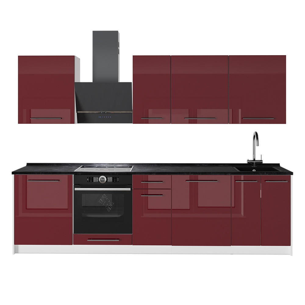 KÜCHENZEILE Fame-Line, Bordeaux Hochglanz/Weiß, 280 cm, AP Anthrazit - Bordeaux/Weiß, Holzwerkstoff (280/82/60cm) - Vicco
