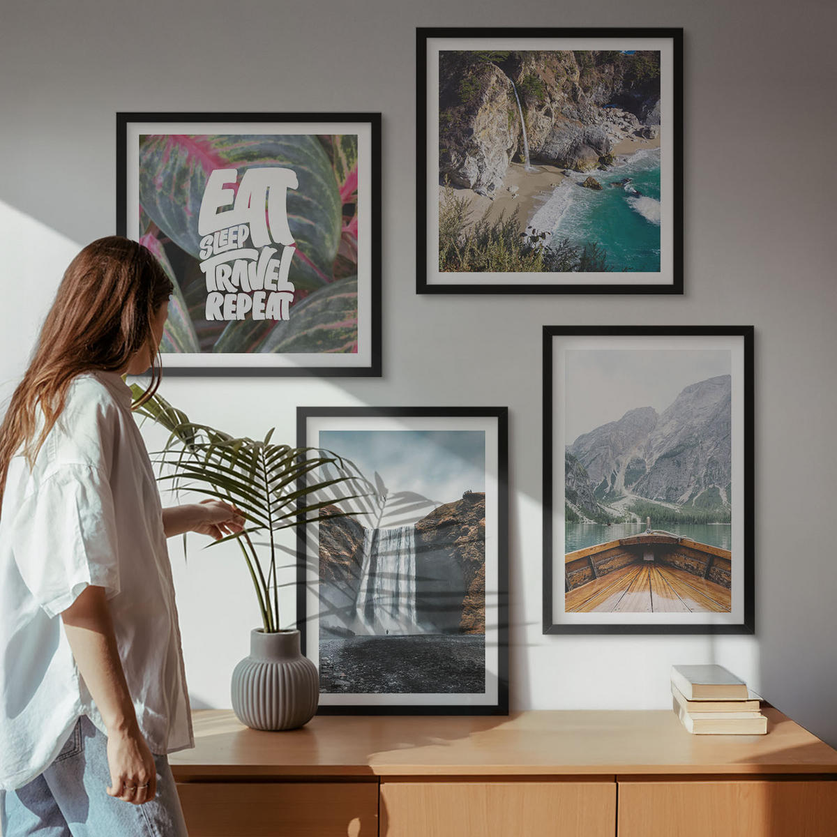 WANDBILDER 4er-Set - 50x50 cm & 40x60 cm Schwarzer Rahmen - Wasserfall Bergreise Natur - Schwarz, Kunststoff (50/50cm) - ArtPrintCave