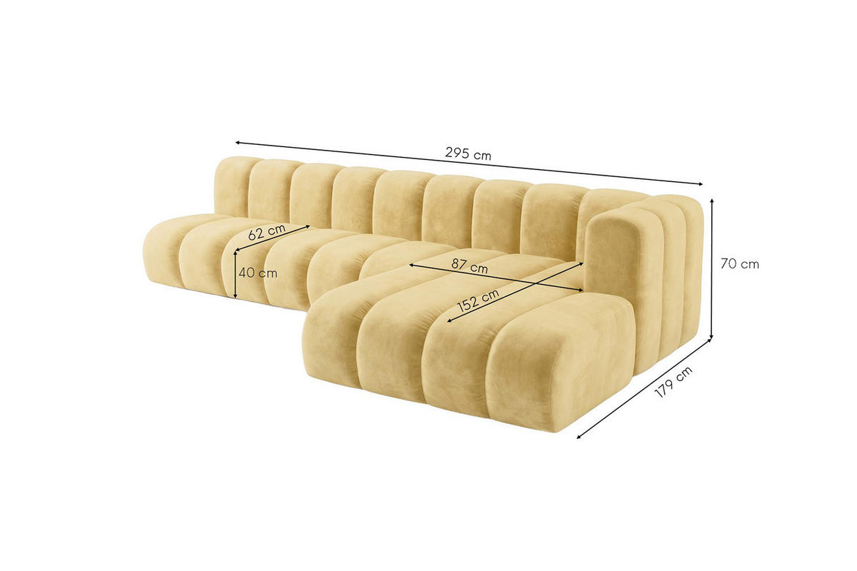 ECKSOFA Modulares In L-Form, Velvet-Stoff Riviera, Buttergelb, Rechts, GRAND 295 cm - Hellgelb, Holz (295/179cm) - Kaiser Möbel
