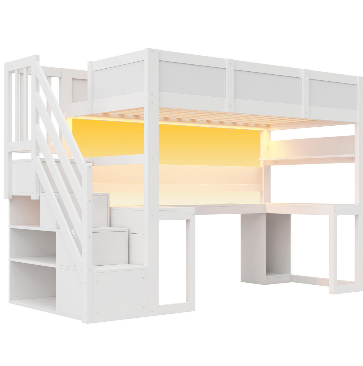 HOCHBETT aus MDF und Sperrholz 90x200 cm Weiß mit Schreibtisch, Stauraumtreppe, LED und USB - Weiß, Holzwerkstoff (90/200cm) - Modfu