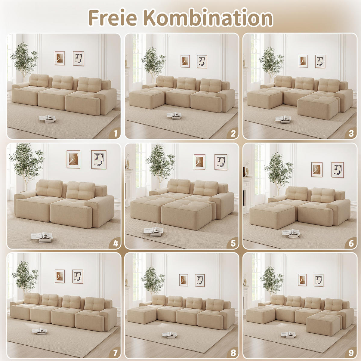 3-SITZER Sofa 293x177x69 cm aus Cordstoff rahmenlos modular mit 3 Hockern, beige - Beige, Textil (177/69/293cm)