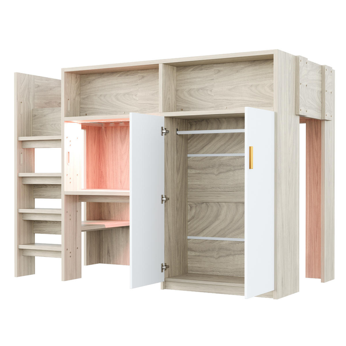 HOCHBETT 90/200 cm mit Schreibtisch, Kleiderschrank, Regal, LED und Lattenrost aus Holzwerkstoff, Naturfarben/Weiß - Naturfarben, Holzwerkstoff (90/200cm) - Redom