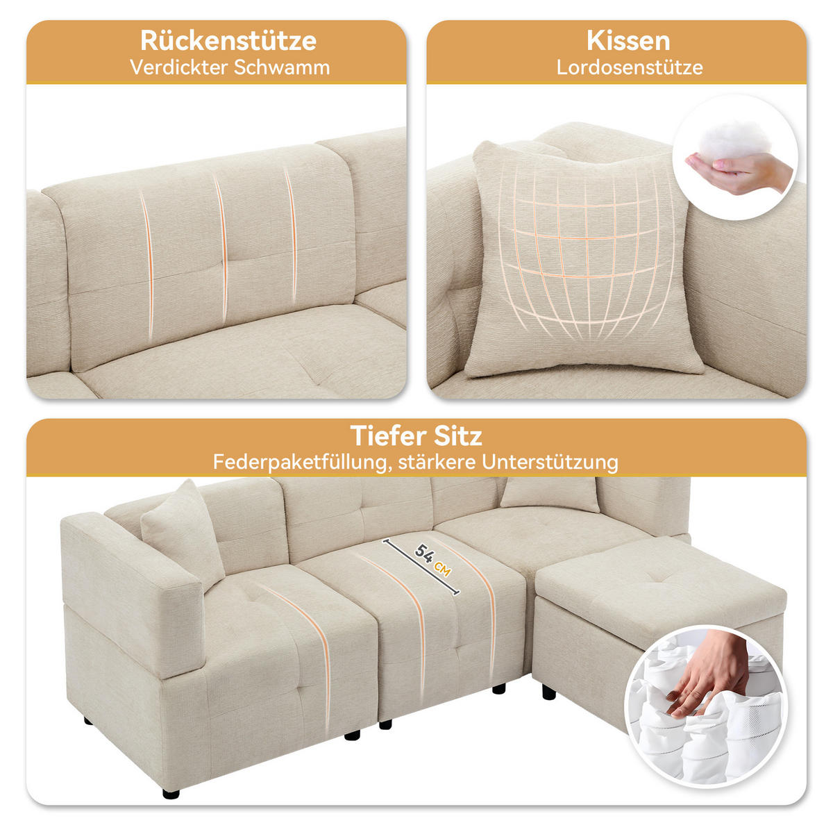 ECKSOFA 204/126/69 cm Beige aus Chenille mit Stauraum - Beige, Textil (126/204cm) - OKMYHOME