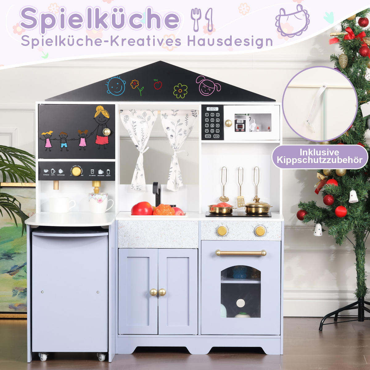 KINDERKÜCHE Weiß/Lila – Spielküche im Hausdesign mit Zubehör & Soundeffekten, Holz/Kunststoff, ab 3 Jahren 60x90x105cm - Lila, Holzwerkstoff (90/60/105cm) - Ej. Life