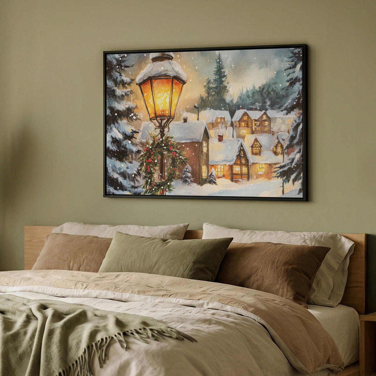 LEINWAND Bilder mit Rahmen - Weihnachtsdorf - Häuser - Schnee - Weihnachten - 100x70 - Sandfarben, Textil (100/70cm) - MuchoWow